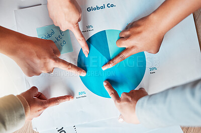 Buy stock photo Hands, fingers and group with paper, stats and brainstorming or ideas for corporate development. Team building, business people and workshop with chart, solution or documents for teamwork strategy