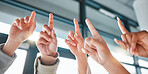 Hands up, fingers and group in office for answer, brainstorming or ideas for corporate development. Team building, business people and workshop with question, solution or teamwork for strategy at job