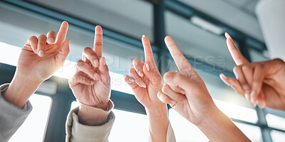 Buy stock photo Hands up, fingers and group in office for answer, brainstorming or ideas for corporate development. Team building, business people and workshop with question, solution or teamwork for strategy at job