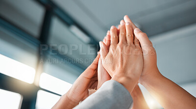 Buy stock photo Hands, team and high five for collaboration, trust or unity in coordination or corporate goals at the office. Hands of group in teamwork celebration for partnership, agreement or community support