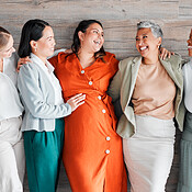 Maternity Teamwork Examples Pregnant woman, team and smile for touch, stomach and excited with ...