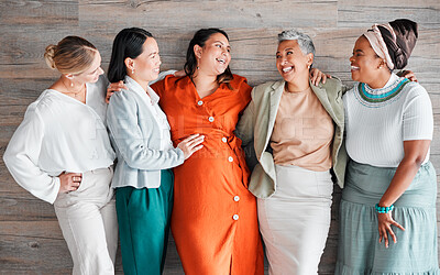 Buy stock photo Pregnant woman, team and smile for touch, stomach and excited with support, solidarity and care. Group, women and pregnancy in office with love, community diversity and happy at financial workplace