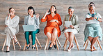 Diversity, women and waiting with devices, happiness and business with confidence, recruitment and job interview. Multiracial, female employees and staff with teamwork, digital connection and typing