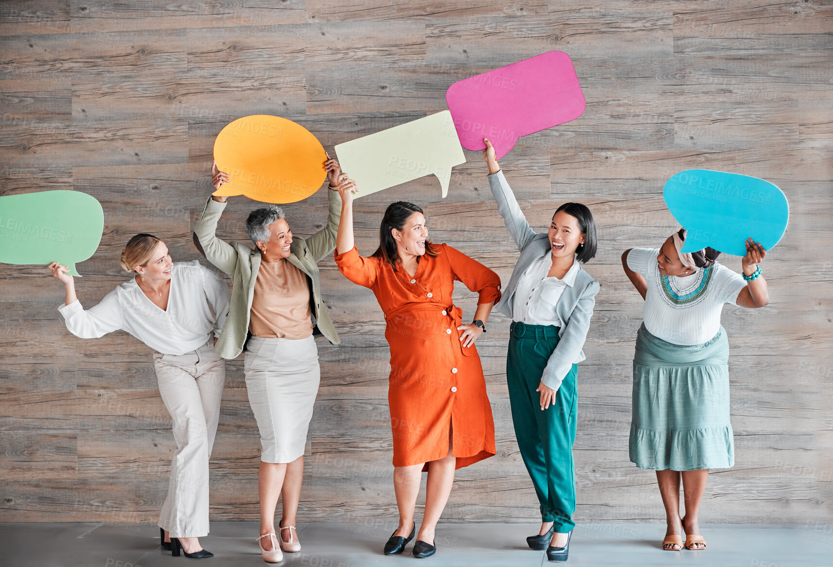 Buy stock photo Feedback, survey and communication with business people and speech bubble for social media, recruitment and diversity. Design, idea and mockup with women and board for vote, review and question 