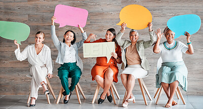 Buy stock photo Chat, review and portrait of women with speech bubble for contact information on mockup. News, blank and people in business with a board for feedback, survery and social media conversation with space
