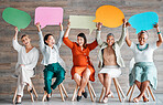 Chat, excited and portrait of women with speech bubble for contact information on social media. News, blank and people in business with a mockup board for review, feedback and conversation with space