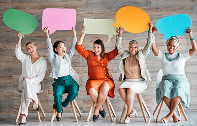 Buy stock photo Chat, excited and portrait of women with speech bubble for contact information on social media. News, blank and people in business with a mockup board for review, feedback and conversation with space