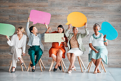 Buy stock photo Chat, social media and portrait of women with speech bubble for contact information on mockup. News, blank and people in business with a board for branding, hiring and conversation with company