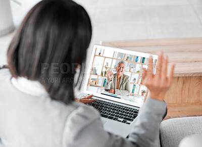 Buy stock photo Video call, wave and remote work with a business woman using a laptop for distance communication or planning. Virtual meeting, home office or waving with a staff person and manager talking strategy
