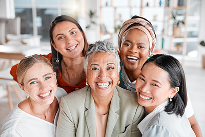 Buy stock photo Teamwork, portrait or business women with smile, solidarity or goals together in a corporate modern office. Staff diversity, collaboration or happy people in a global advertising or marketing company
