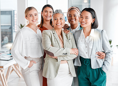 Buy stock photo Portrait, diversity and business women support, teamwork and group empowerment for office leadership. Career hug and solidarity of asian, black woman and senior people or employees at global company