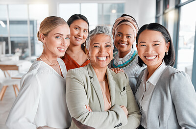 Buy stock photo Diversity, portrait selfie and business women teamwork, global success or group empowerment in office leadership. Social media career of asian, black woman and senior people or staff profile picture