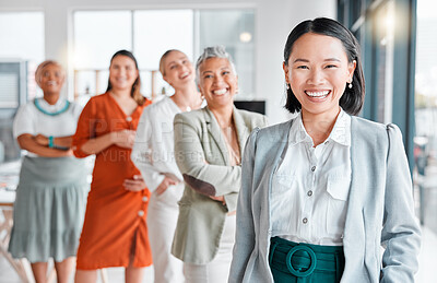 Buy stock photo Asian woman smile, office team portrait and management of leadership, company community and vision. Diversity, business women and startup agency of a creative marketing group in agency workplace