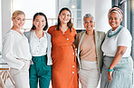 Business women only, portrait and diversity in office teamwork, inclusion and team building empowerment. Happy asian, african and senior manager with pregnant woman for support, goals and job success