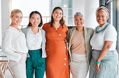 Buy stock photo Business women only, portrait and diversity in office teamwork, inclusion and team building empowerment. Happy asian, african and senior manager with pregnant woman for support, goals and job success