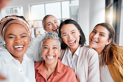 Buy stock photo Creative business people, selfie and portrait smile for team profile picture, vlog or about us at the office. Happy employee women smiling for memory, post or social media in fun teamwork startup