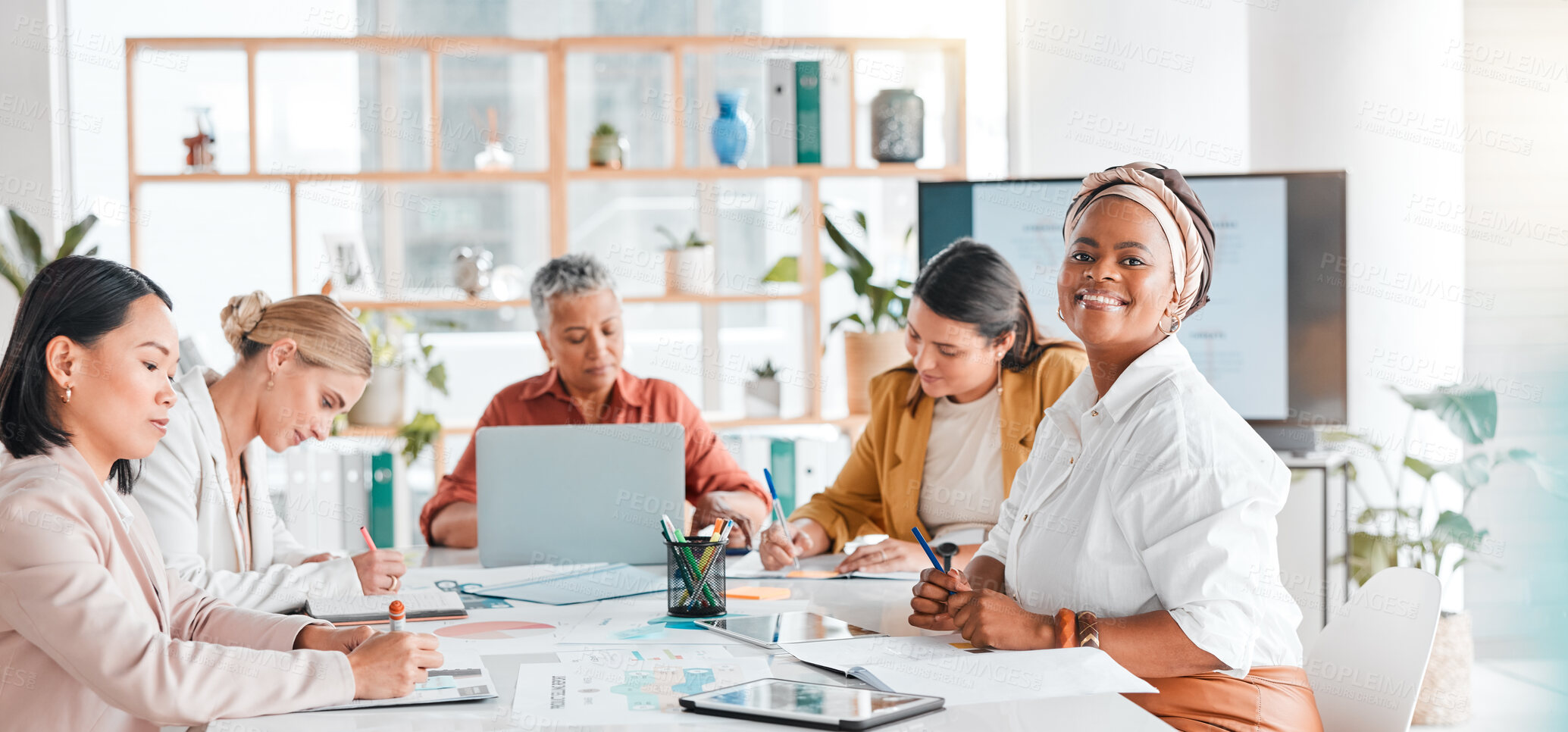 Buy stock photo Happy black woman, leadership or business in meeting for teamwork, diversity or research with smile. Manager, employee leader or girl worker portrait with success, motivation or planning mission goal