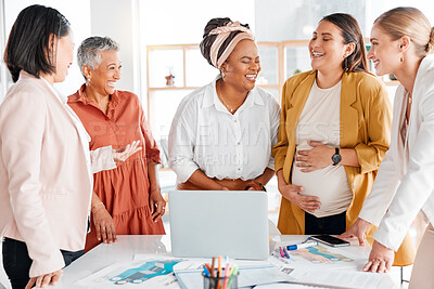 Buy stock photo Laughing, business women or startup brainstorming in meeting for company growth, research or strategy review in office. Happy, teamwork or friends smile for comic joke, discussion or conversation