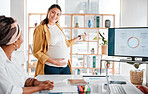 Presentation, pregnant woman consulting in business meeting for company growth, strategy review or teamwork in office. happy, leader or group of startup women for SEO, schedule or planning calendar