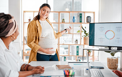 Buy stock photo Presentation, pregnant woman consulting in business meeting for company growth, strategy review or teamwork in office. Happy, leader or group of startup women for SEO, schedule or planning calendar