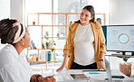 Presentation, pregnant woman or business meeting for company growth, strategy review or teamwork in office building. Thinking, leader or group of startup women for SEO, schedule or planning calendar