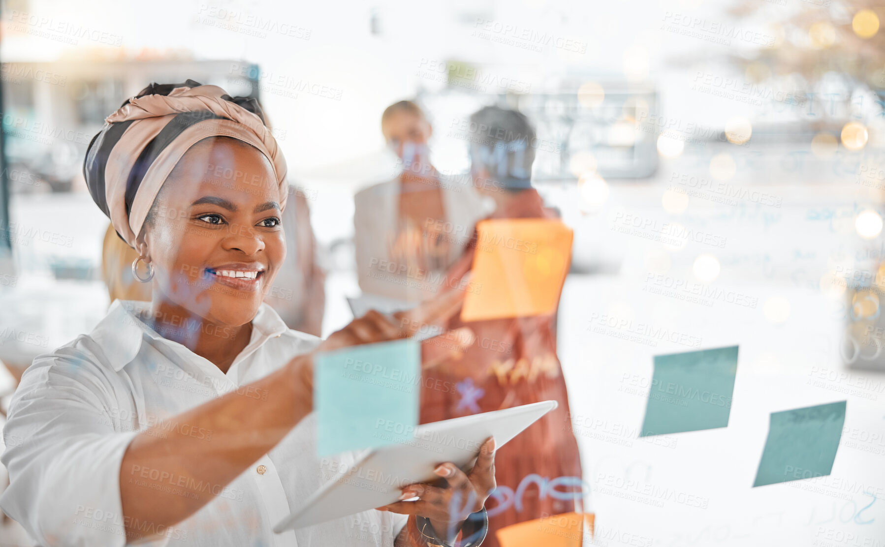 Buy stock photo Agenda, schedule and planning with digital tablet by black woman in office, creative and sticky notes. Vision, idea and writing by lady manager for calendar, goals and mission, online and project