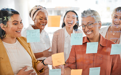Buy stock photo Planning, team or business women writing a marketing strategy, advertising plan or branding ideas. Sticky notes, sales meeting or happy creative people working on a global startup project goals 