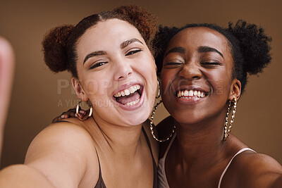 Buy stock photo Beauty, friends and smile with selfie of black women for social media, skincare and fashion. Happy, skincare and picture with portrait of girls for cosmetics, makeup and young in brown background