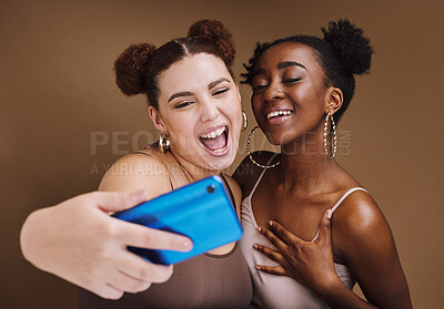 Buy stock photo Fashion, selfie and women with phone smile on brown background for wellness, cosmetics and makeup. Friends, beauty and happy girls influencer on smartphone for social media, picture and internet post