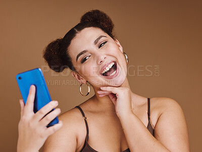 Buy stock photo Selfie, happiness and woman with a phone feeling excited, happy and beauty for profile picture. Social media, isolated and studio background with mock up of gen z, young and face of a young person