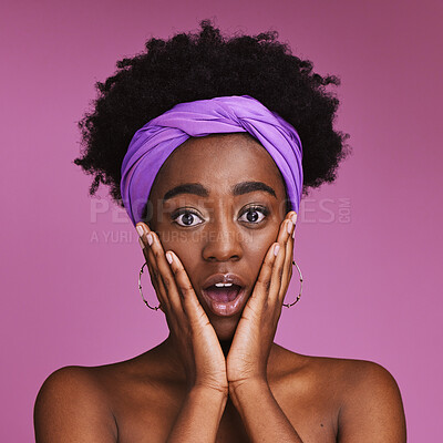 Beauty, skincare and shock, portrait of black woman with hand in face isolated on purple background. Surprise, wow and facial cosmetics or natural makeup for healthy, glowing skin on model in studio.