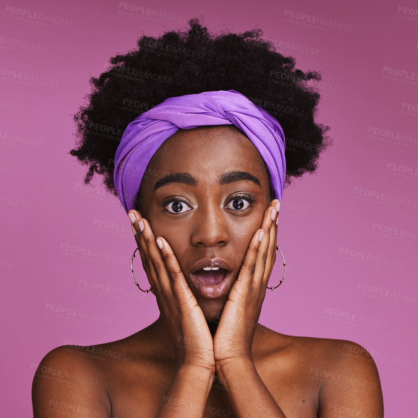 Buy stock photo Beauty, skincare and shock, portrait of black woman with hand in face isolated on purple background. Surprise, wow and facial cosmetics or natural makeup for healthy, glowing skin on model in studio.