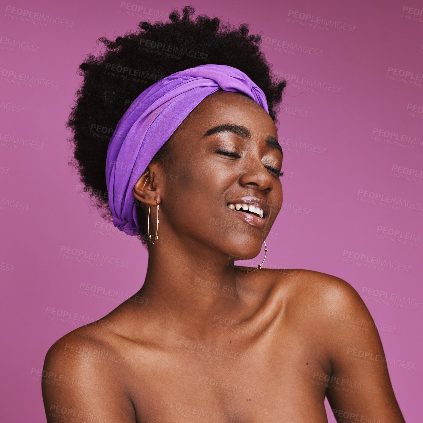 Buy stock photo Face, beauty and skincare with a model black woman on a pink background in studio for natural care. Aesthetic, hair and headband with an attractive young female posing to promote cosmetic treatment