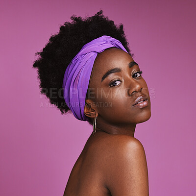 Buy stock photo Portrait, beauty and aesthetic with a model black woman on a pink background in studio for natural skincare. Face, hair or headband with an attractive young female posing to promote cosmetics