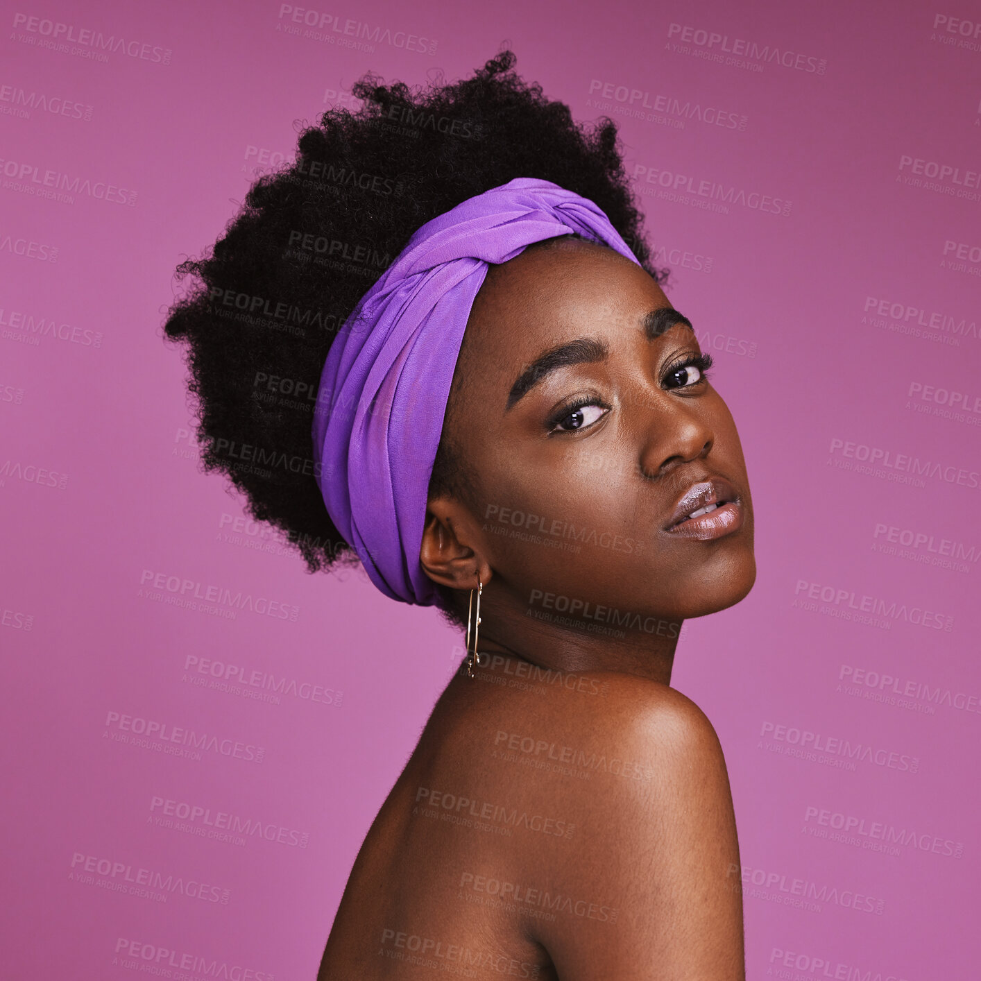 Buy stock photo Portrait, beauty and aesthetic with a model black woman on a pink background in studio for natural skincare. Face, hair or headband with an attractive young female posing to promote cosmetics