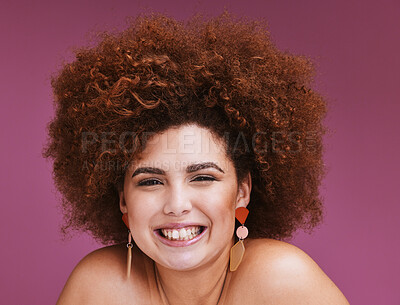 Buy stock photo Black woman, studio portrait and smile with afro, beauty and vision for cosmetics, wellness or hair care. African model, natural skin glow and aesthetic with self care, confidence and cosmetic makeup