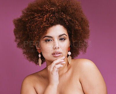 Buy stock photo Black woman, studio portrait and beauty with afro, thinking and vision for cosmetics, wellness and hair care. African woman, natural skin glow and aesthetic with idea, confidence and cosmetic makeup