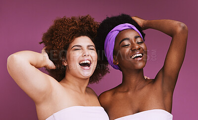 Buy stock photo Black woman, studio and beauty for friends, afro and happiness for natural aesthetic by purple background. Happy gen z model, women and solidarity with wellness, cosmetics and comic laughing together