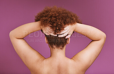 Buy stock photo Back, black woman and afro of hair in studio for ethnic texture, headshot and pink background. Behind african model, curly haircare cosmetics and beauty for skincare, scalp or aesthetic salon shampoo