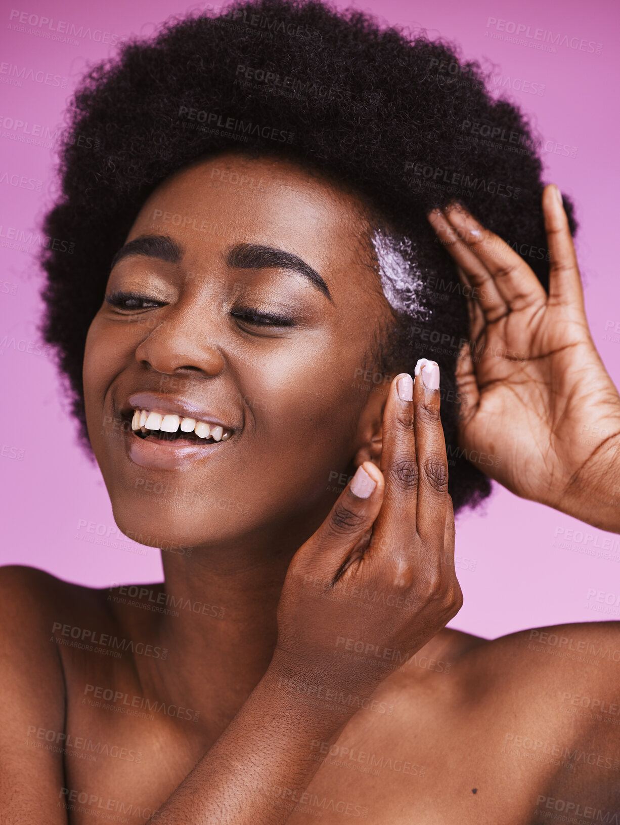 Buy stock photo Black woman, hair and smile with afro conditioner, haircare and ethnic texture on pink studio background. African model, cosmetics cream product and scalp relaxer for maintenance, skincare and beauty