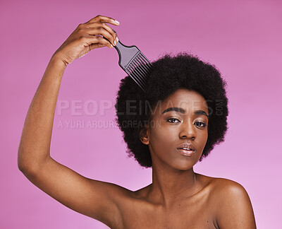 Buy stock photo Portrait, hairstyle or afro brush on beauty studio background in relax grooming routine, texture maintenance or growth wellness. Black woman, comb or natural hair and skincare makeup on isolated pink