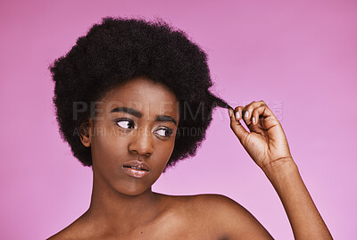 Buy stock photo Natural, hair and black woman with afro in studio for beauty, wellness and grooming on purple background. Haircare, hairstyle and face of girl model relax in luxury, hygiene or routine isolated
