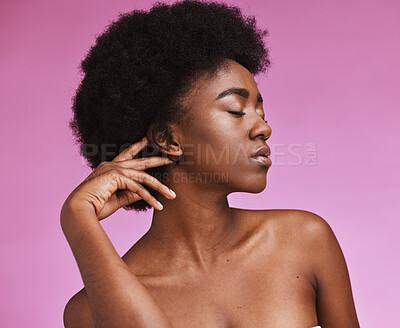 Buy stock photo Beauty, skincare and afro hairstyle with black woman for natural, wellness and salon treatment. Self care, aesthetic and textures with girl model for glow, cosmetics and makeup in studio background