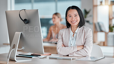 Buy stock photo Happy, portrait and business woman in her office with a computer working on a corporate project. Happiness, leadership and professional Asian female manager sitting by her desk in the workplace.