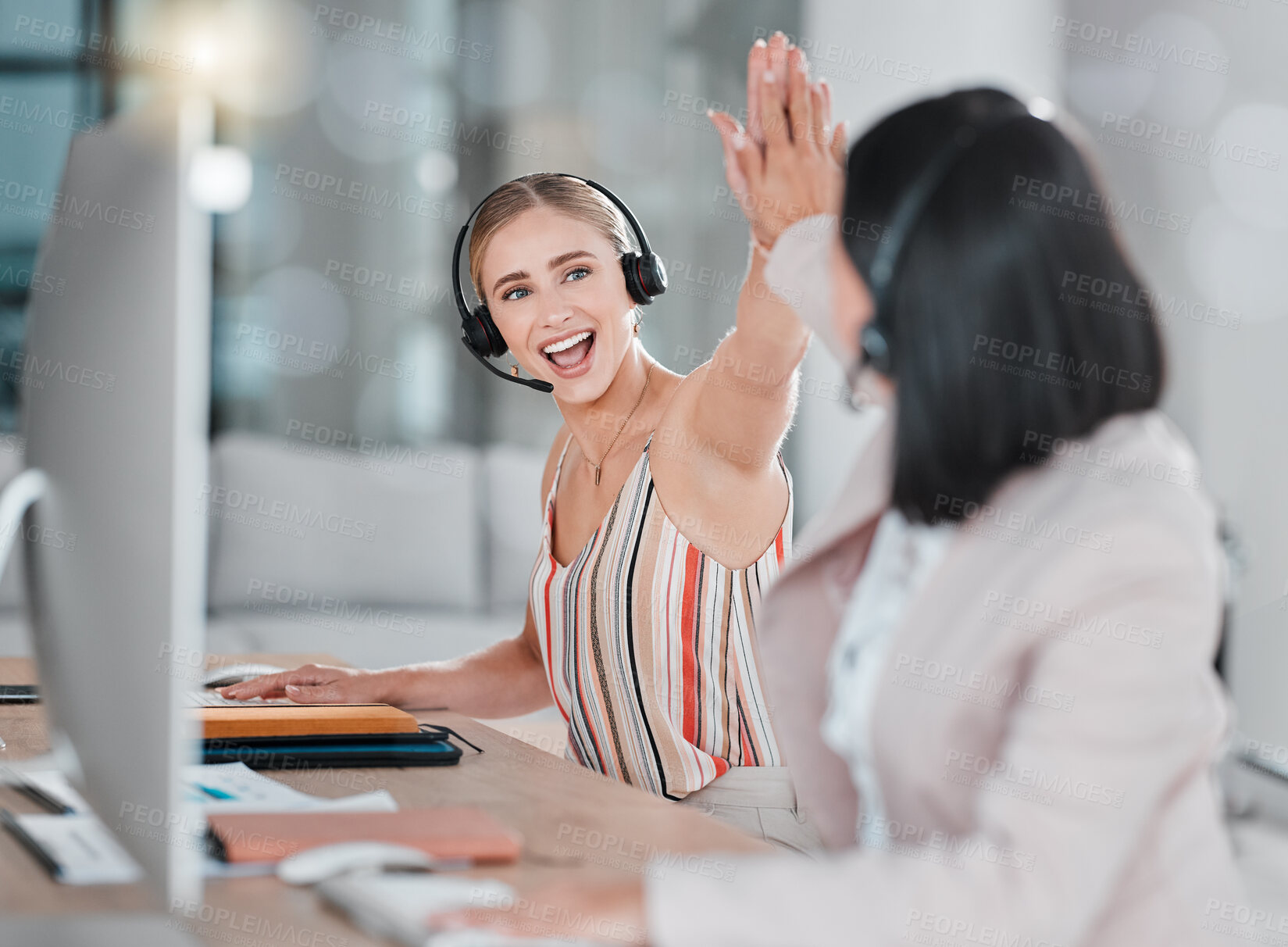 Buy stock photo Woman, call center and high five for team telemarketing, winning or promotion in customer support or service at office. Happy female consultants celebrating sale, deal or achievement in contact us