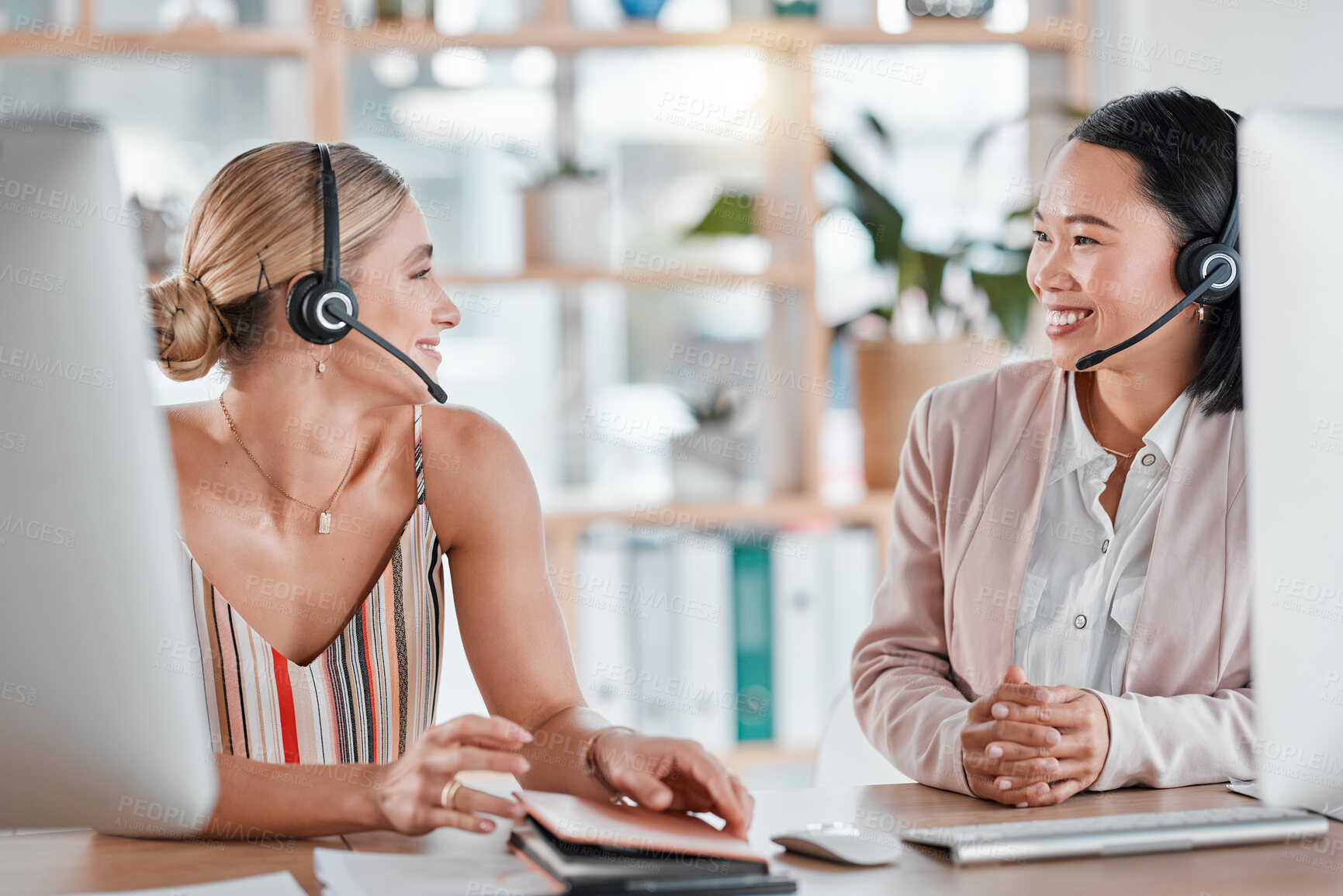 Buy stock photo Call center, customer support and female consultants talking or helping with consultation online. Contact us, customer service and women telemarketing agents planning crm strategy together in office.