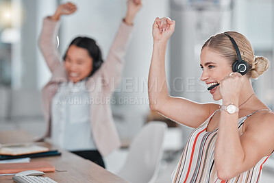 Buy stock photo Woman, call center and team celebration for winning, promotion or sales bonus in telemarketing at the office. Happy female consultants celebrating victory, deal or teamwork success in contact us