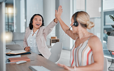 Buy stock photo Woman, call center and high five for teamwork, winning or promotion in customer support or service at office. Female consultant team celebrating telemarketing sale, deal or achievement in contact us