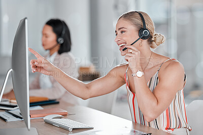 Buy stock photo Woman, call center and computer with smile for telemarketing, customer support or service at office desk. Happy female consultant or agent smiling in contact us for desktop advice, help or sales