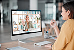 Video call, computer and business women wave in office, talking and chatting in virtual chat. Technology, communication and employees or people waving in online meeting, webinar or digital discussion